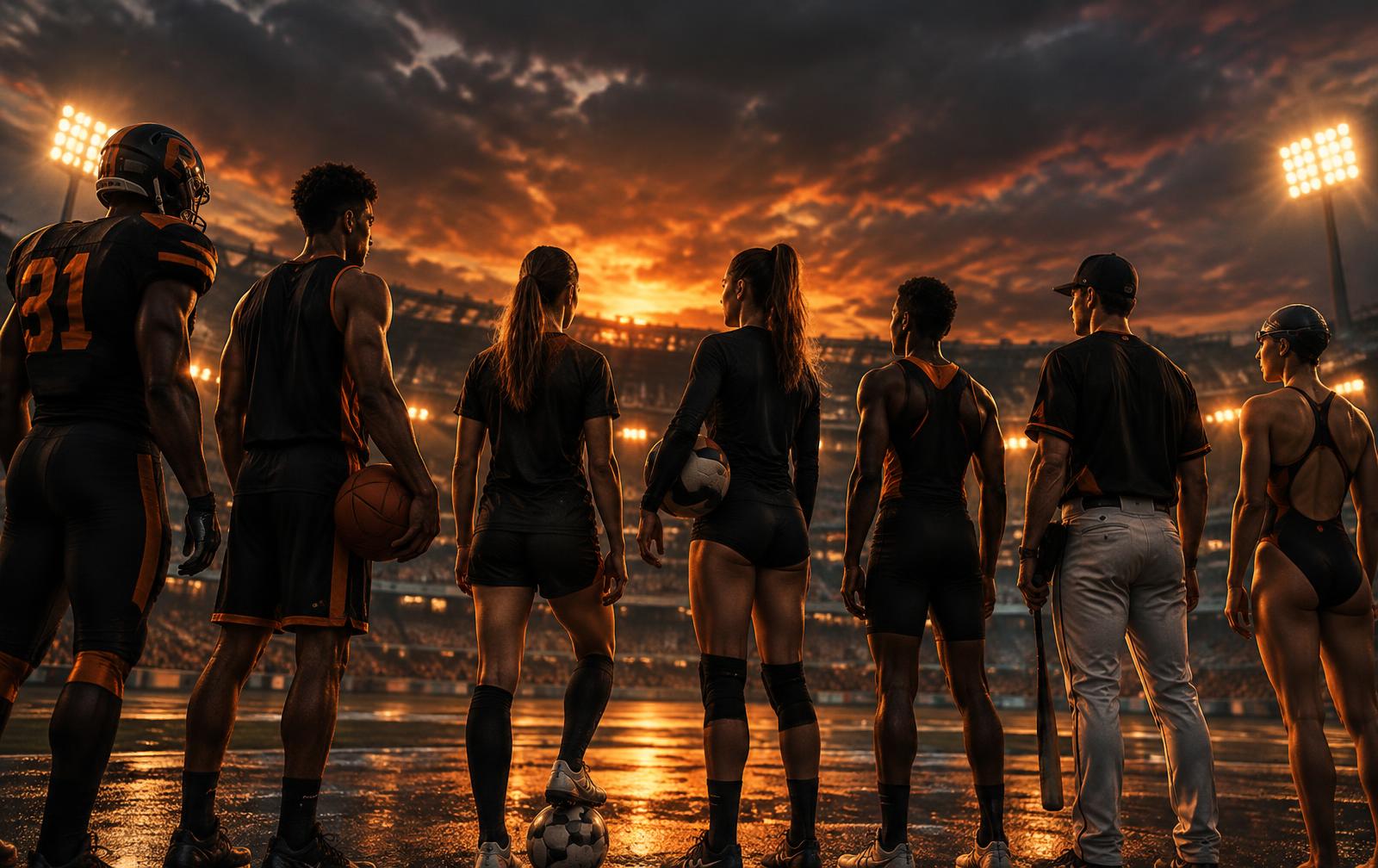 Young athletes from many sports standing together under stadium lights